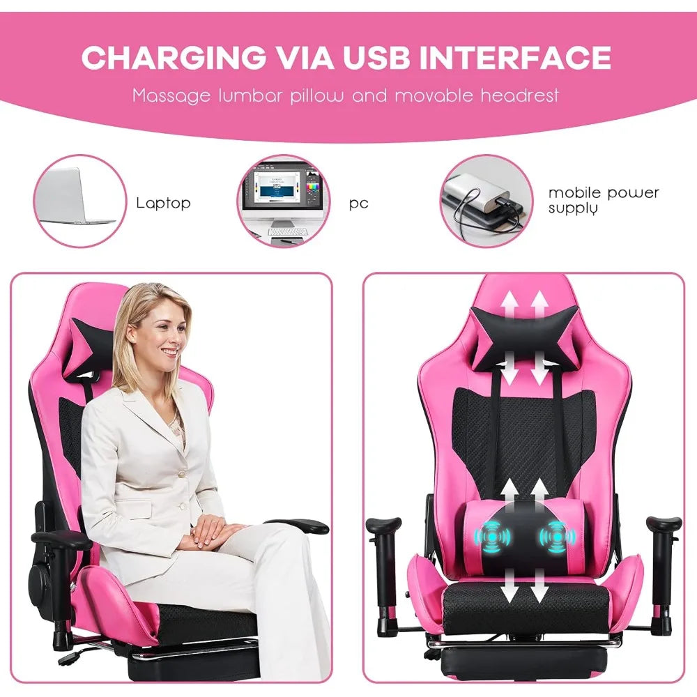 Gaming Chair - Pink Gamer Chair with Footrest Racing Esports Computer Chair Massage Lumbar Support Leather Recliner, Customized
