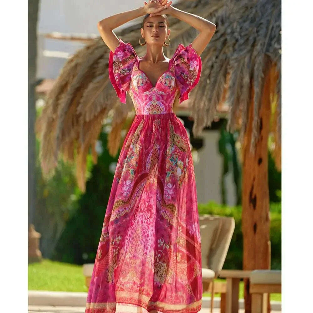 FLAXMAKER Ruffled Rose Red Blooming Flower Print One Piece Swimsuit and Skirt Women Beachwear Luxury Bathing Suit