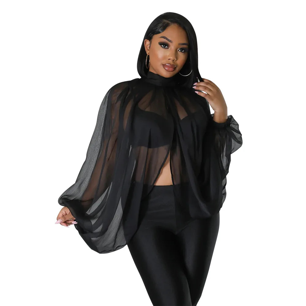 Women See Through Sheer Chiffon Blouse Sexy Front Back Open High Neck Self Tie Shawl Casual Shirts Y2K Night Club Party Tops