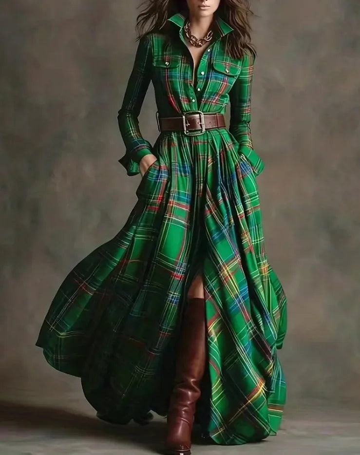 Plaid with Belt Retro Long Dress Lapel Button Irregular A Line Skirts Long Sleeve Casual Women's Dresses Autumn Elegant Clothes