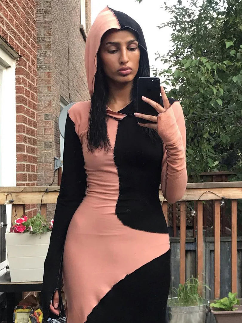 Hugcitar Long Sleeve Hooded Patchwork Skinny Maxi Dress 2021 Autumn Winter Women Fashion Streetwear Casual Outfits