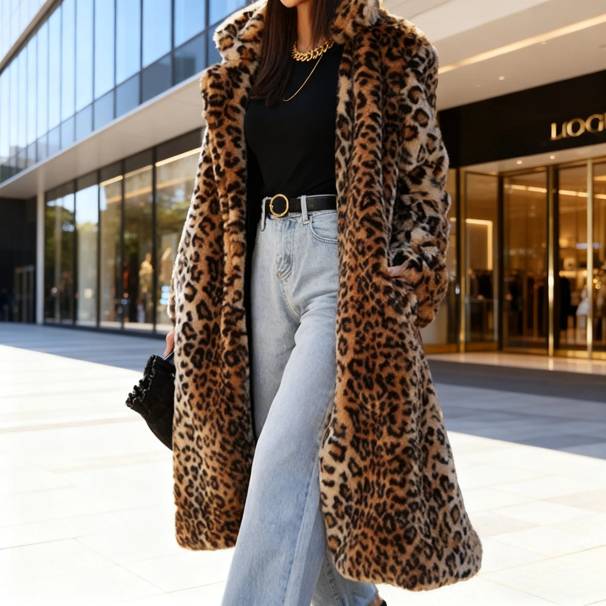 Leopard Faux Fur Women Long Coats Autumn Winter Print Jackets Turn Down Collar Maxi Punk Gothic Coat Thick Warm Open Stitch