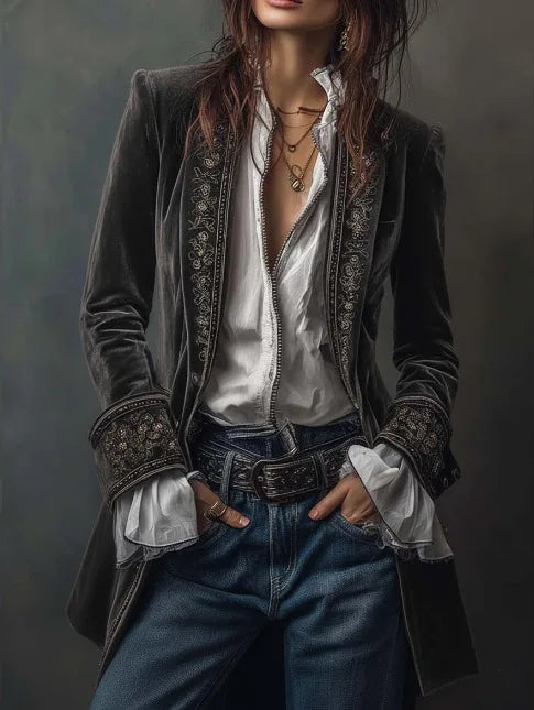 Long Sleeve Women's Outercoat Causal Autumn Winter Elegant Patchwork Velvet Slim Coat Vintage Pattern Print Cardigan Jackets