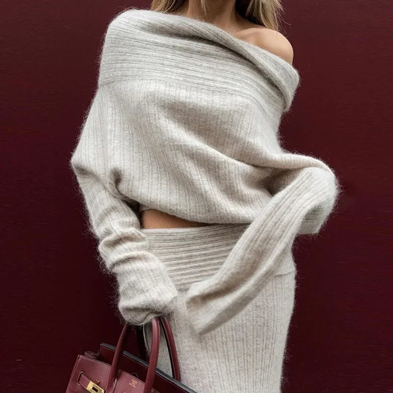 Knitting Off The Shoulder Long Sleeve Women'S Tops Skirt Women'S Sets Sweatshits Sweater Streetwear Wholesale Clothes