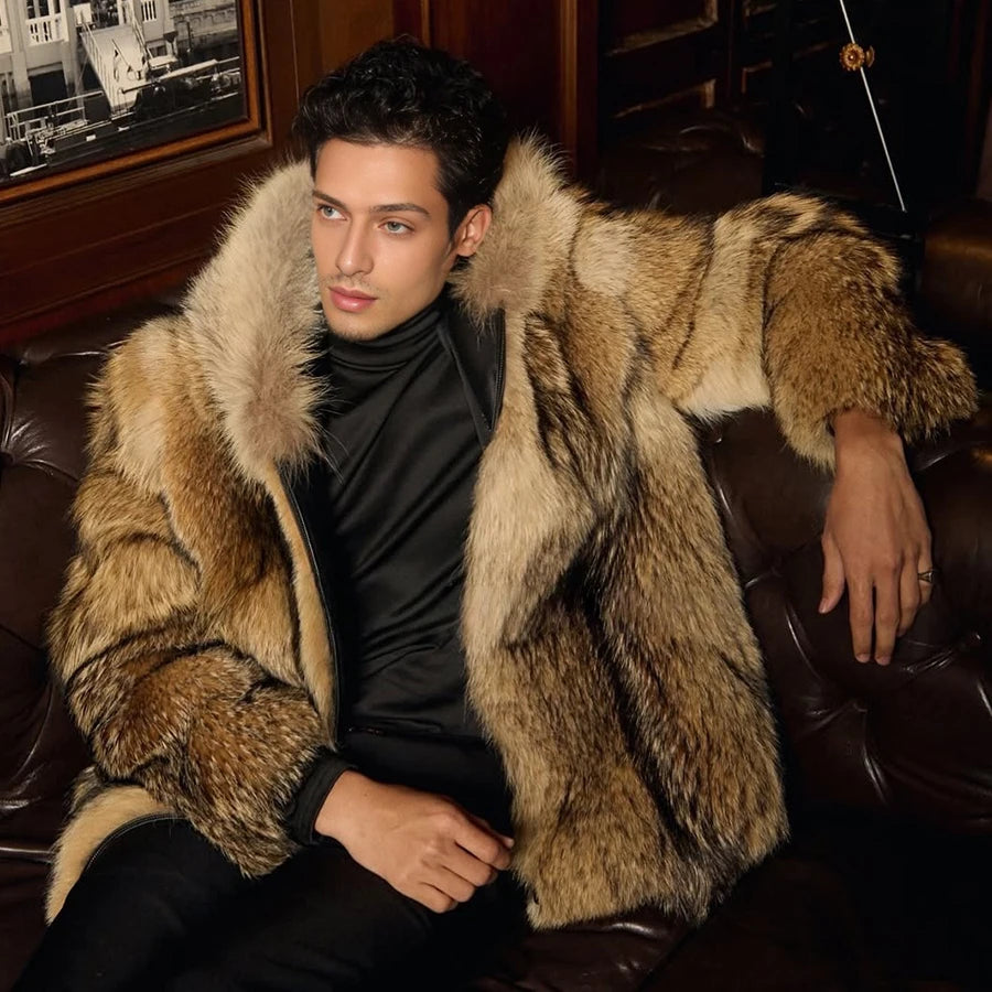 Natural Wolf Fur Coats With Hood Real Full Skin Coyote Fur Coat Genuine Leather Jacket High Quality Winter Jacket For Men