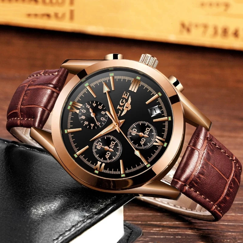 LIGE Fashion Men Watches Top Brand Luxury Military Quartz Watch for Men Business Leather Waterproof Casual Sport Chronograph New