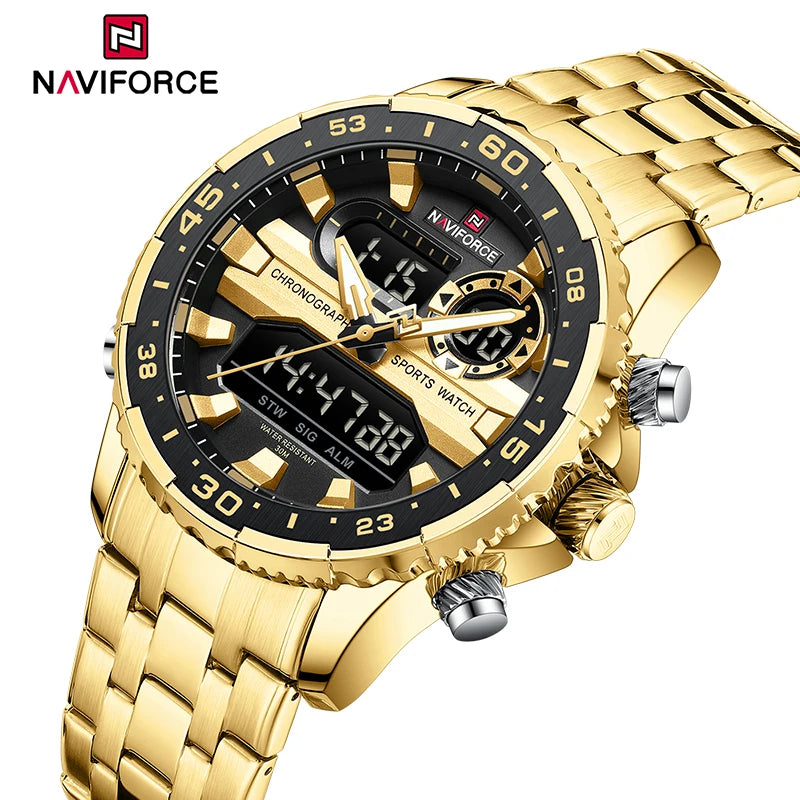 NAVIFORCE Fashion Brand Black Gold Men Watch Fashion Luxury Quartz Wrist Watches Sport Waterproof Stainless Steel Strap NF9234 - Kimlud