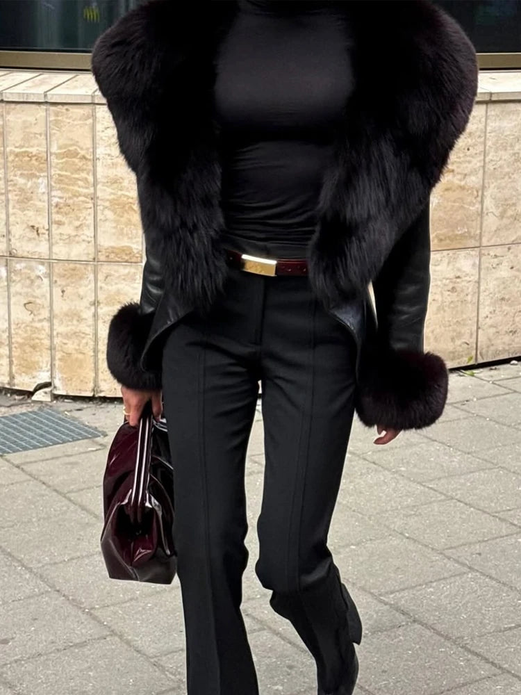 Black Faux Fur Collar Leather Jacket Elegant Lapel V-neck Waist Cinching Long-sleeved Short Coats Lady Winter Commute Coat 2025
