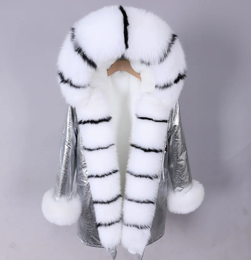 MAOMAOKONG 2024 Winter Women Coat Natural Fox Fur Collar Cuff Black Jackets Outwear Thick Luxury Real Fur Parka Women's Fur Coat