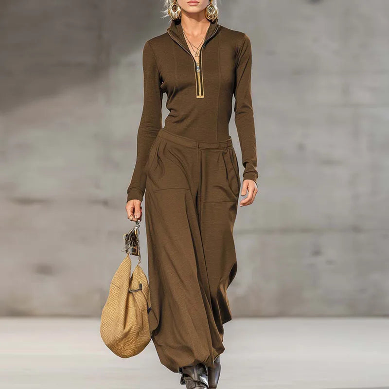 Retro Solid Zipper Hooded Top Pullover+High Waist Pants Outfit Woman Sexy Stand Collar Overalls Suit Chic Long Sleeve Autumn Set