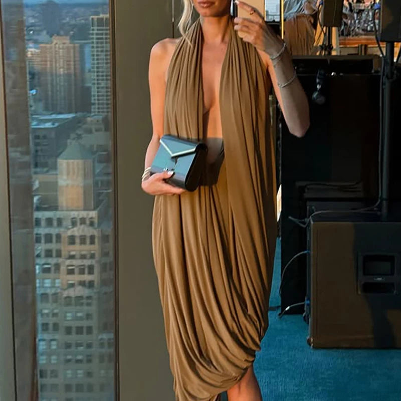 Fashion Irregular Ruffles Slim Dress Sexy Hollow Out Sleeveless Backless Dress Summer New Solid Hollow Out Party Dress for Women - Kimlud