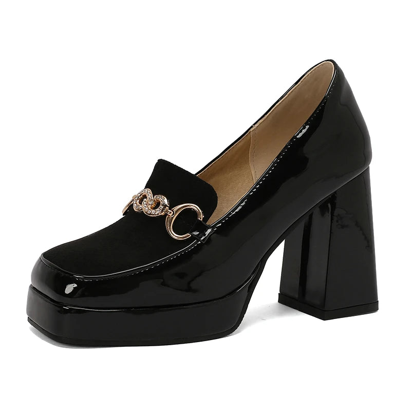 Extra Big Size 49 50 Bright Yellow Metal Crystal Chain Woman's Pumps Spring Fall Shoes Slip-on Loafers Platform Block High Heels