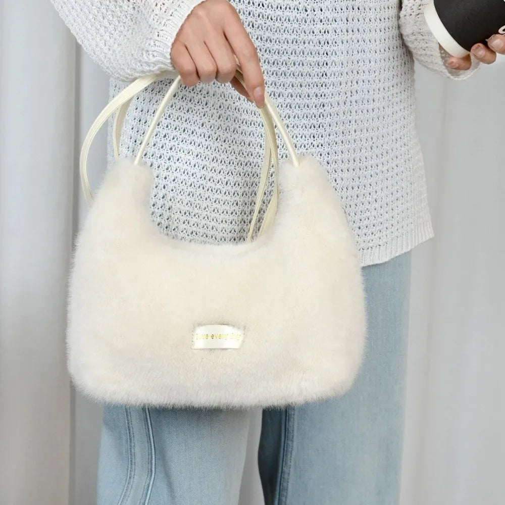 Winter New Luxury Faux Fur Ladies Shoulder Bag Soft Fluffy Female Crossbody Bag Solid Color Large Capacity Plush Tote Bag