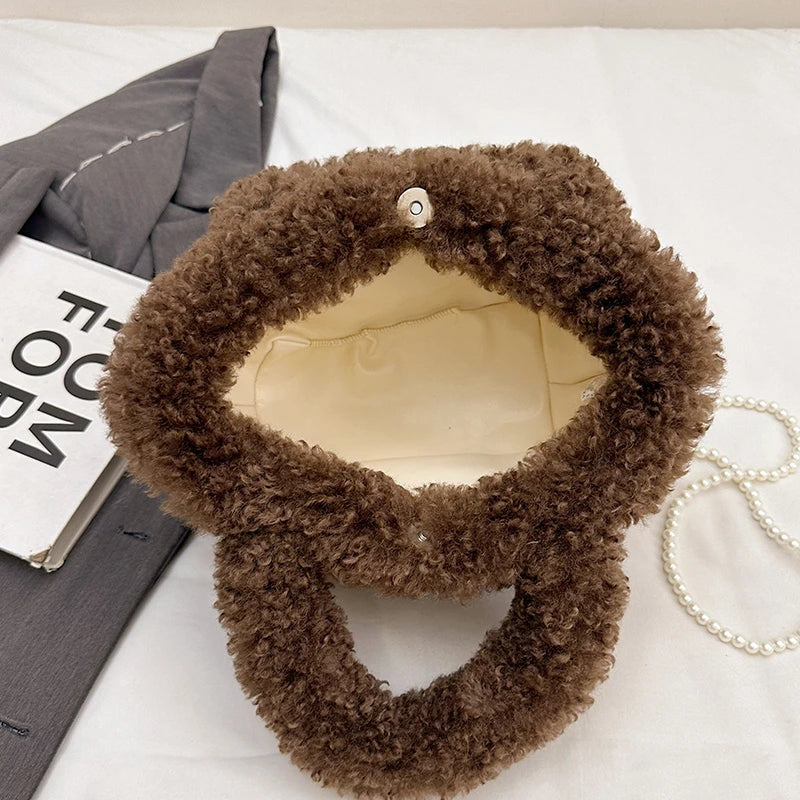 Korean Style Winter Bag Soft Fluffy Handbag Women's Bag Khaki Plush Crossbody Bag Versatile Bolsas Feminina Warm Lamb Wool Totes