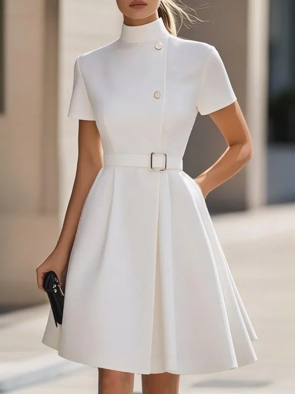 Yeezzi 2025 New Women's White High-Neck Belted Pleated A-Line Dress Short Sleeves Buttoned Pockets Elegant Party Mini Dresses