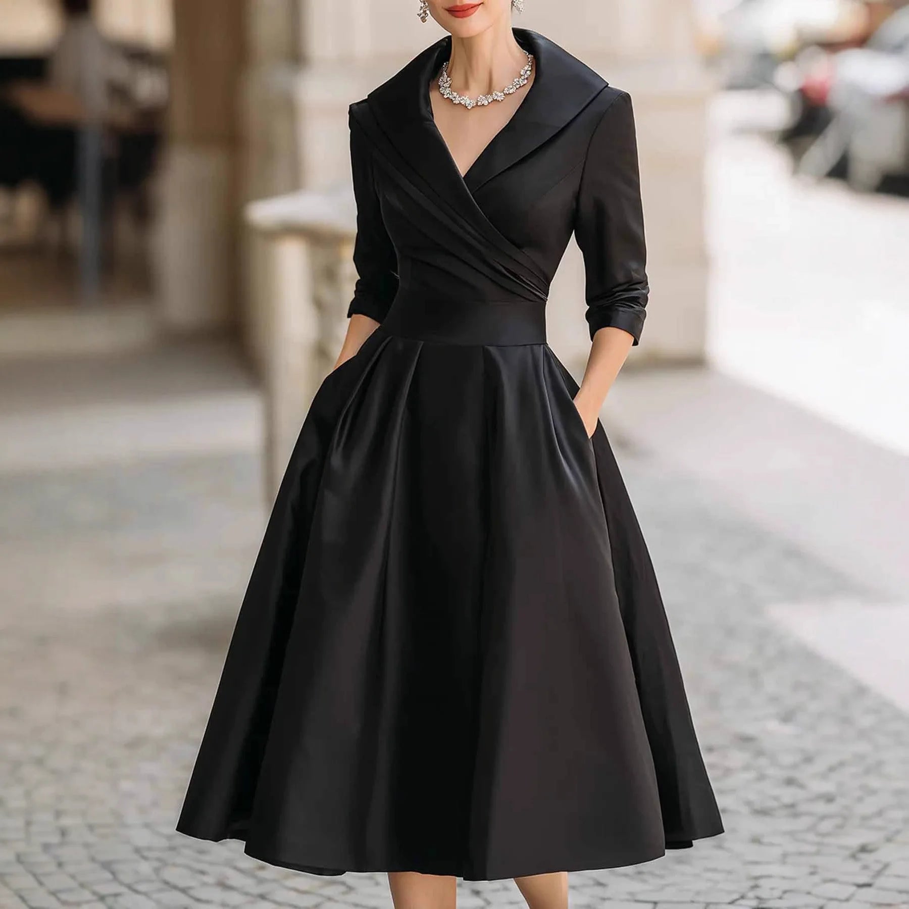 Women Elegant Wedding Guest Dress Turndown Collar Mid-Length Waisted A-Line Evening Dress Cocktail Party Satin Midi Dresses