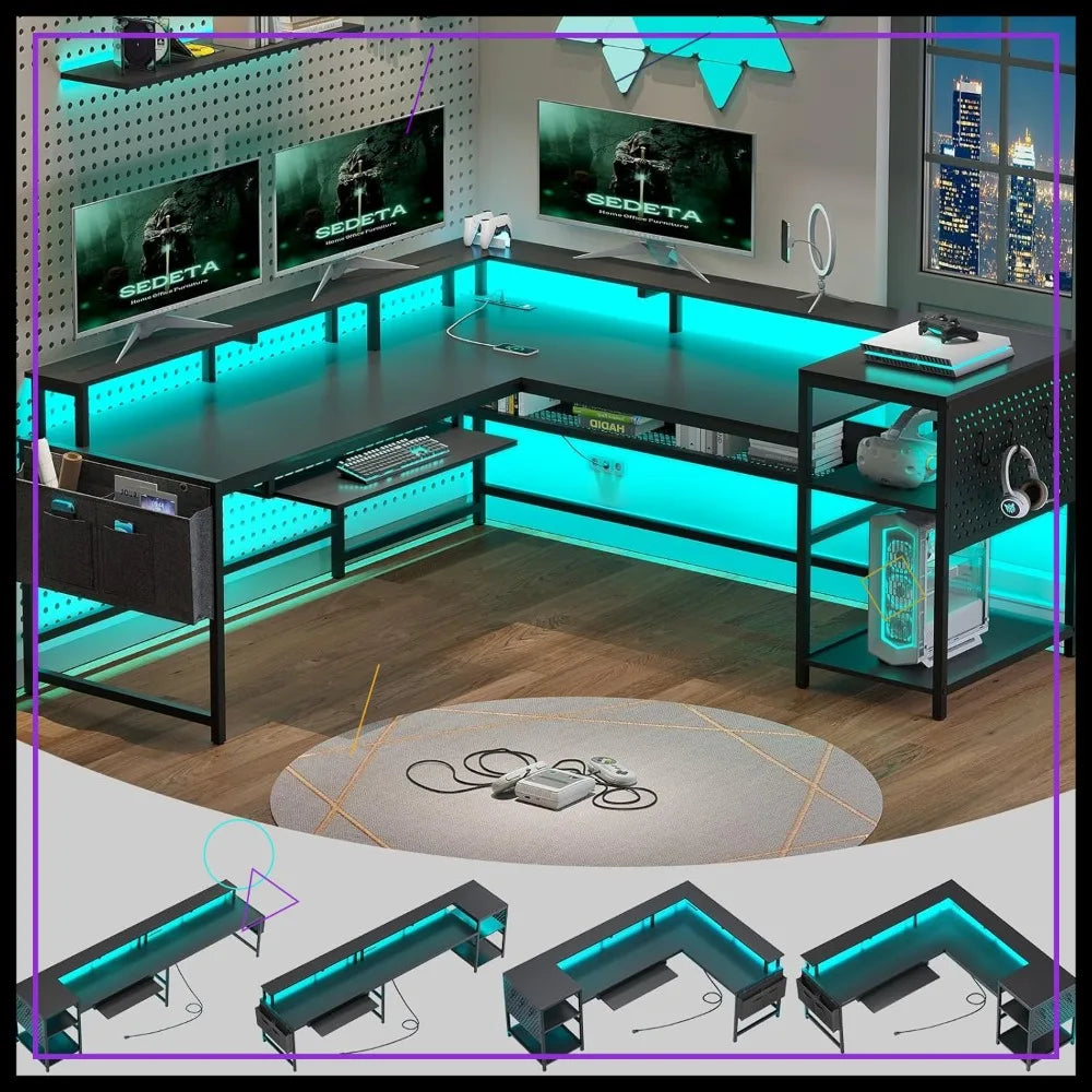 L-Shaped Gaming Desk with Power Outlets, LED Lights & Storage - Reversible Design for Home Office - Kimlud