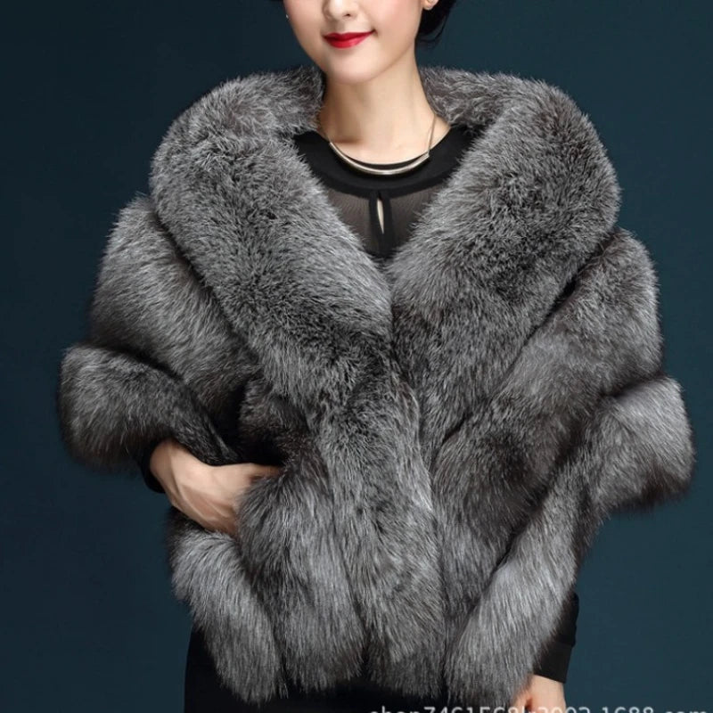 Faux Fur Fox Women Coats Shawl Cloak Coat Thick Open Stitch Elegant Maxi Warm Wedding Work Thick Outerwear Autumn Winter