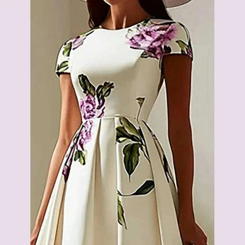 Modigirl 2025 New Woman Flower Print Midi Dresses Summer Skinny Stand Collar Elegant Vintage Romantic Evening Dress for Women