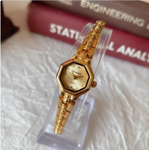 High quality 24K gold no fade brass band women watches diamond small dial square fashion luxury wristwatch for lady retro