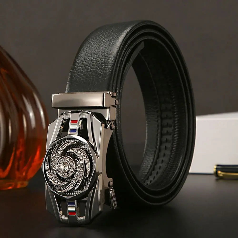 Men Business Time To Run Belt Man Automatic Buckle Leather Belt Golden Waist Buckle Males Luxury Belt Rhinestone...