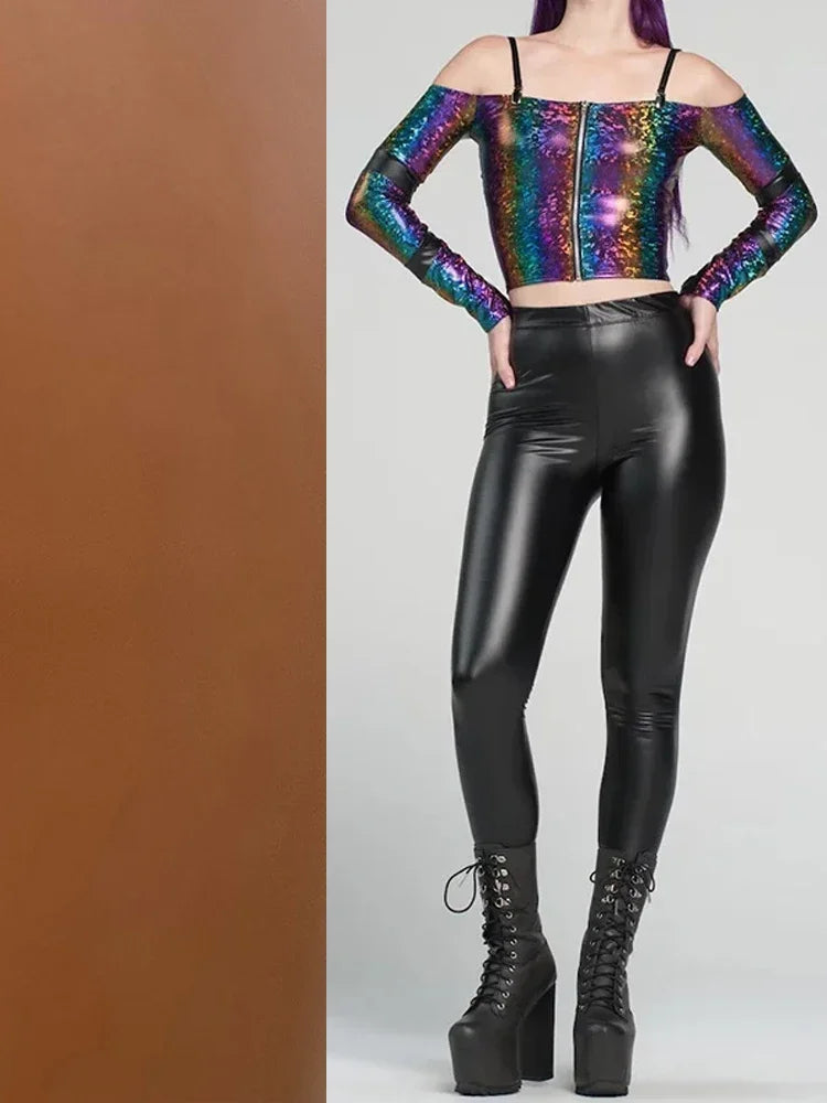 Women High Waist Stretch Faux Leather Seameless Leggings Ladies Solid Color PU Bodycon Pencil Pants Sport Party Trousers Custom