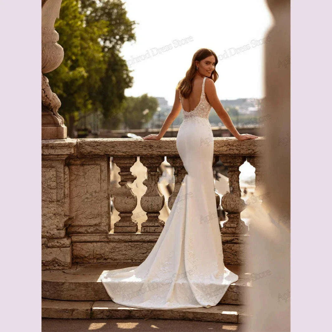 Elegant Wedding Dresses Satin Bridal Gowns Sleeveless Backless Mermaid Lace Appliques Glamorous Vestidos De Novia Customized