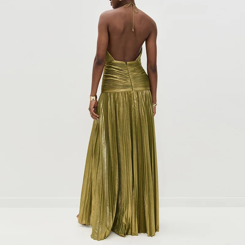 Gold Sexy Halter High Split Gowns Evening Dress Woman Chic Solid Hollow Pleated Long Dress Spring Summer Backless Zip Maxi Dress
