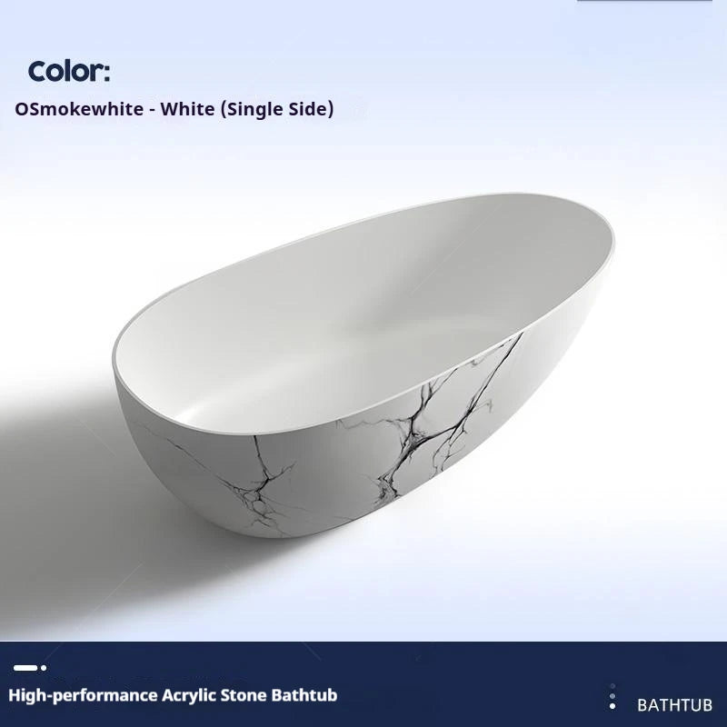 Luxury marble-patterned freestanding bathtub, oval-shaped artificial stone soaking tub, suitable for hotels and villas.