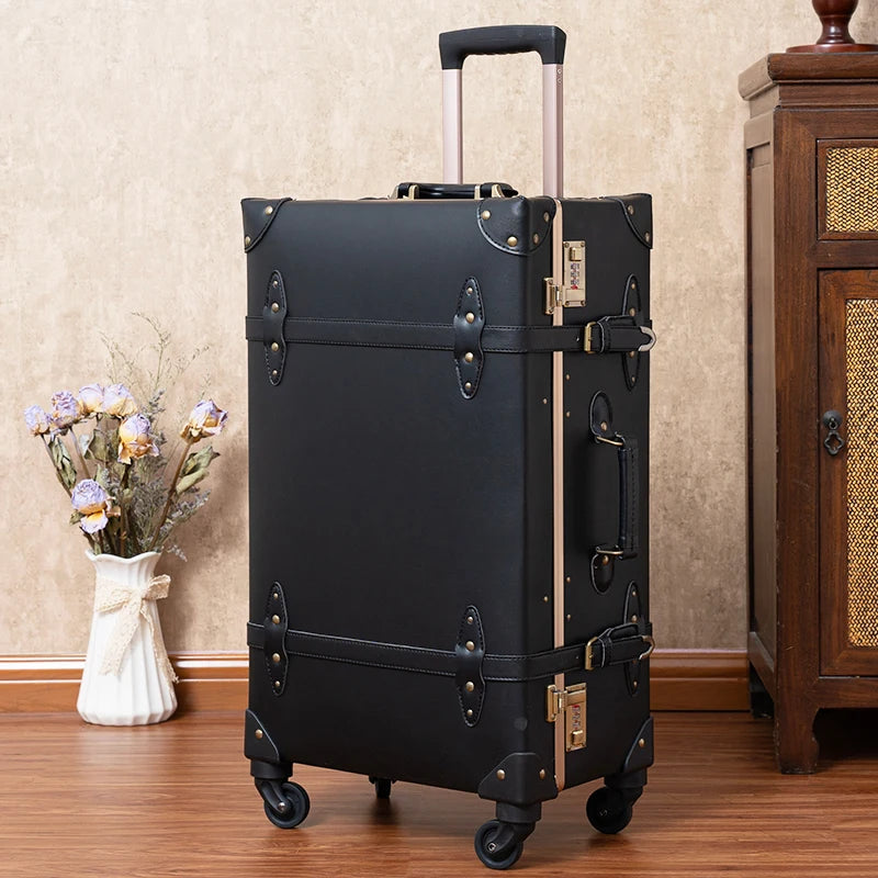 Classic Retro Suitcase 20/24/26inch PP+PC Travel Suitcase Large Capacity Handmade Leather Suitcase Travel Set with Makeup Case