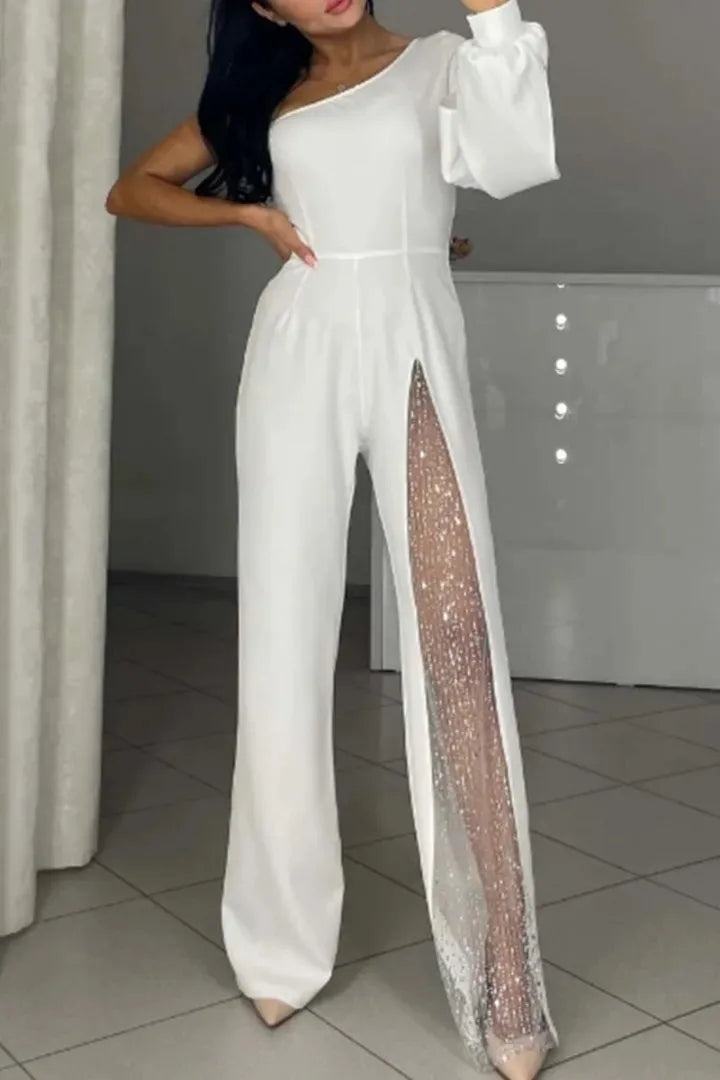 Autumn And Winter Fashion Sexy Slanted Shoulder High Slit Jumpsuit Elegant Women's Solid Color Single Shoulder Sleeve Jumpsuit