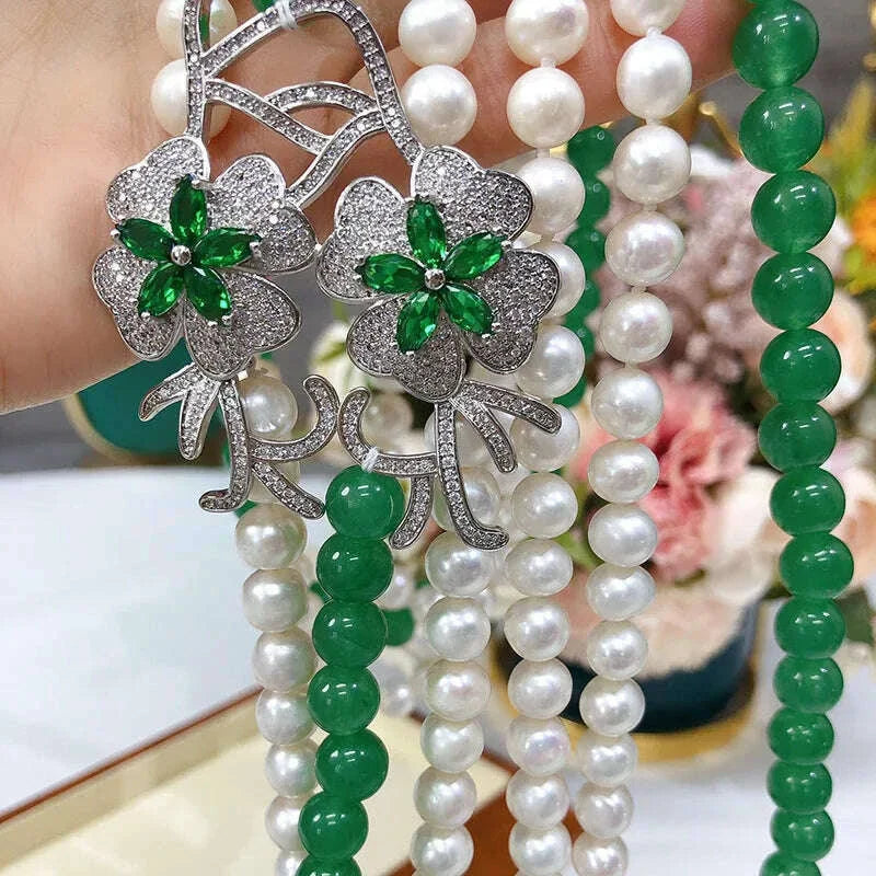 3rows freshwater pearl white near round 7-8mm &green jade round necklace 80cm