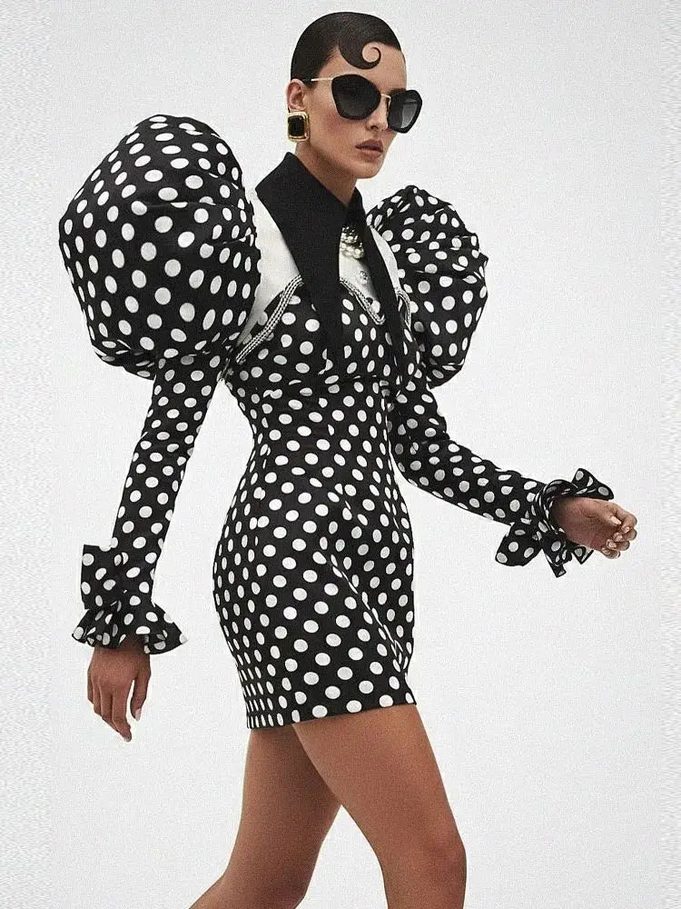 Couture Black Polka Dots Short Women Party Dresses With Crytsal Details Fashion Puffy Sleeves Mini Dress - Kimlud