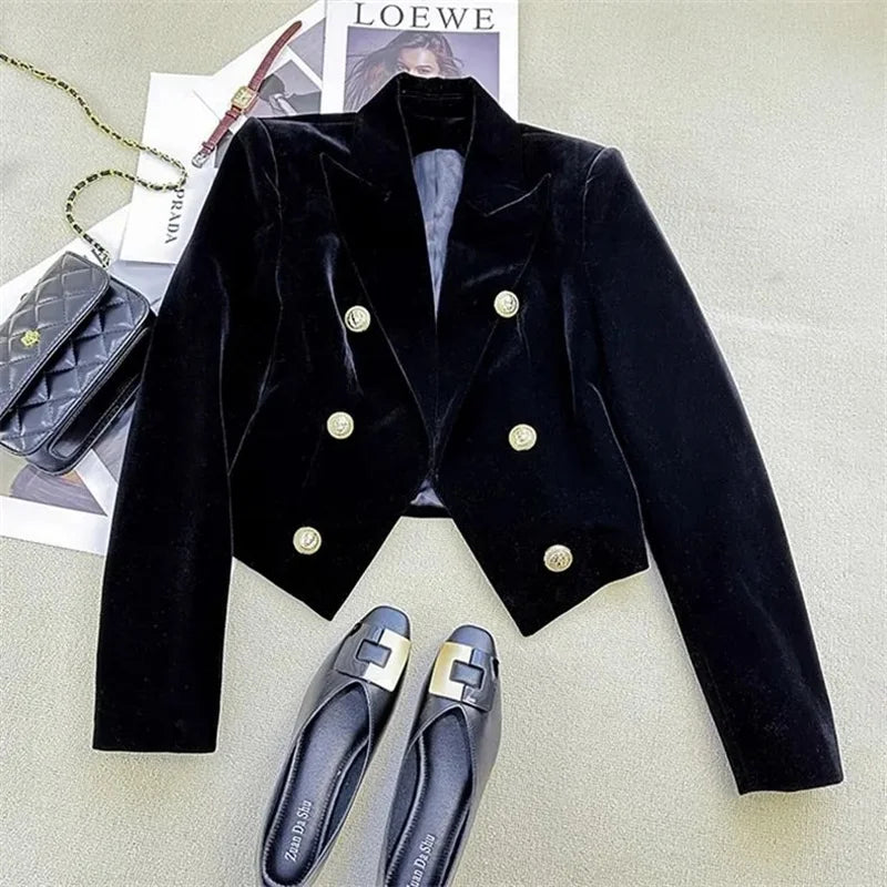 2025 New Velvet Double Breasted Shirt With A Slimming And Versatile Style Suitable For Short Stature Short Suit Jacket Women
