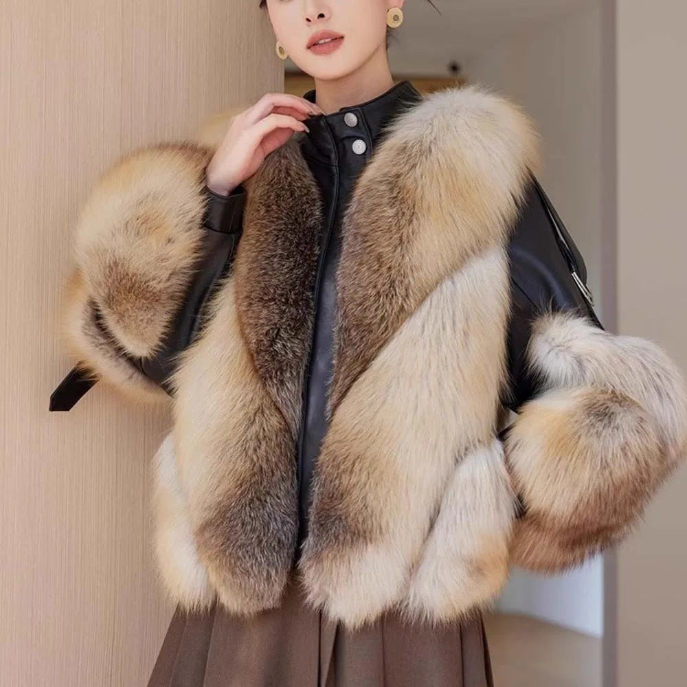 Autumn Winter New Real Fox Fur Jacket Women's Overcoat Fashion Loose Short Motorcycle Clothes Warm Parka Coat