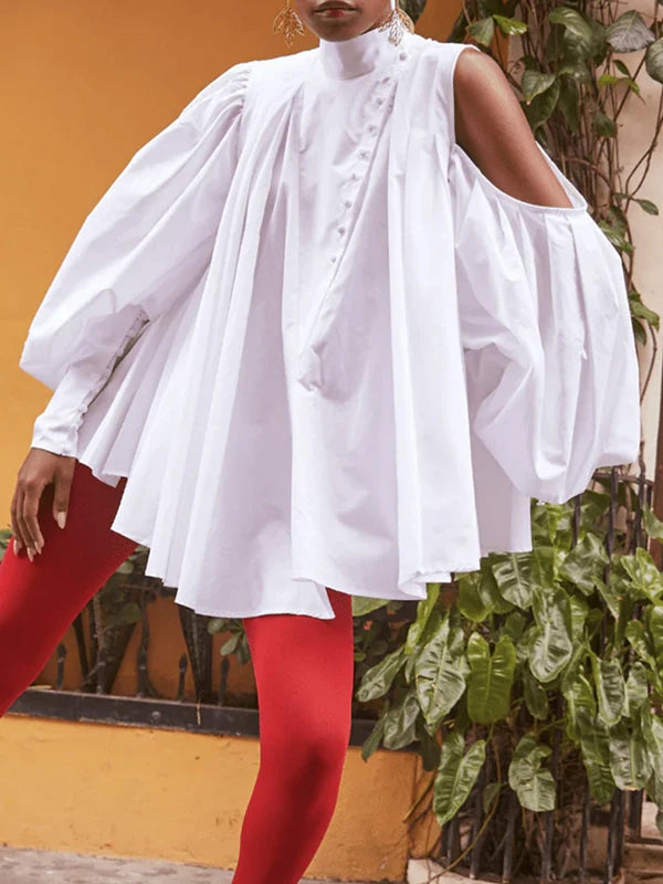 Modigirl 2025 Cotton Women Tops and Blouses Summer Fall High Neck Casual OverSize Puff Sleeves Buttoned Streetwear Shirts Female