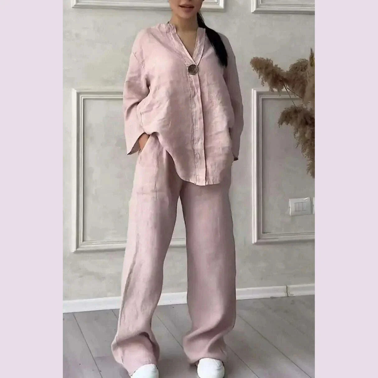 Women's Cotton and Linen Pants Suit Casual Solid Pullover Pants 2-piece Set White Pink Simple Wide Leg Pants Two Piece Set Suits