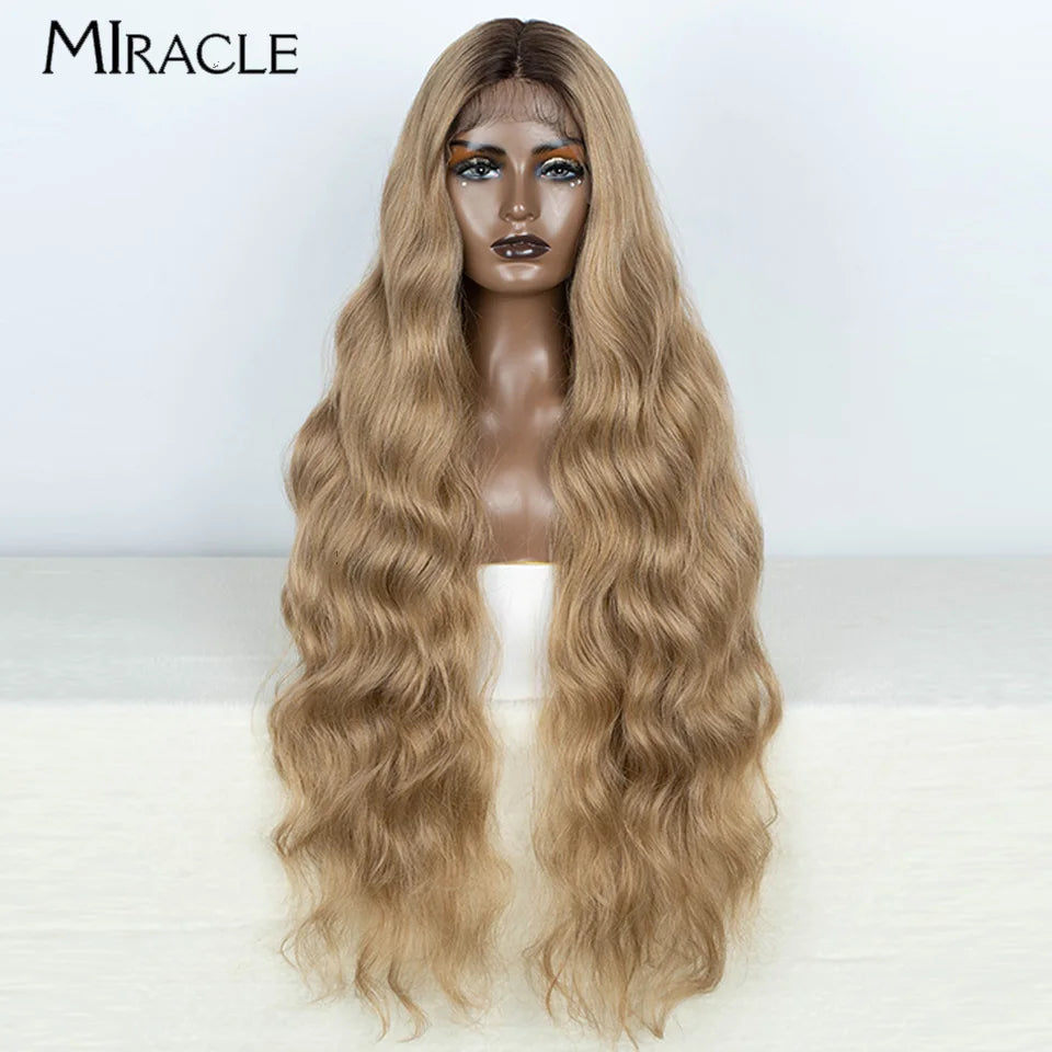 MIRACLE Synthetic 34 Inch Lace Front Wig for Women Ombre Blonde Loose Wave Wigs Famale Cosplay Wig Long Lace Wigs Wavy Fake Hair
