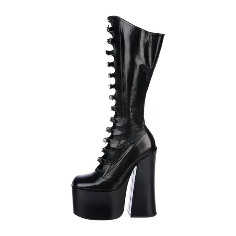 European and American High-heeled Sexy Belt Buckle Knee High Mary Jane Boots Women's Fashionable Thick Soled Banquet Shoes - Kimlud