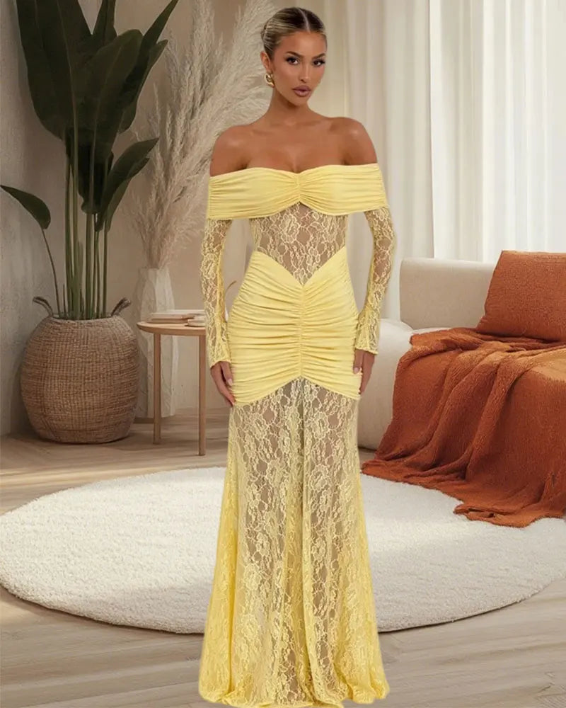 GACVGA Elegant Mesh Lace Patchwork Bodycon Maxi Dress for Women Summer Sexy Off-Shoulder Sheer Party Club Evening Long Dress