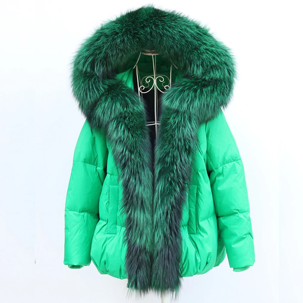 New Fashion Outerwear Puffer Jacket 2024 Women Coat White Duck Down Jacket Super Large Real Silver Fox Fur Collar Hooded