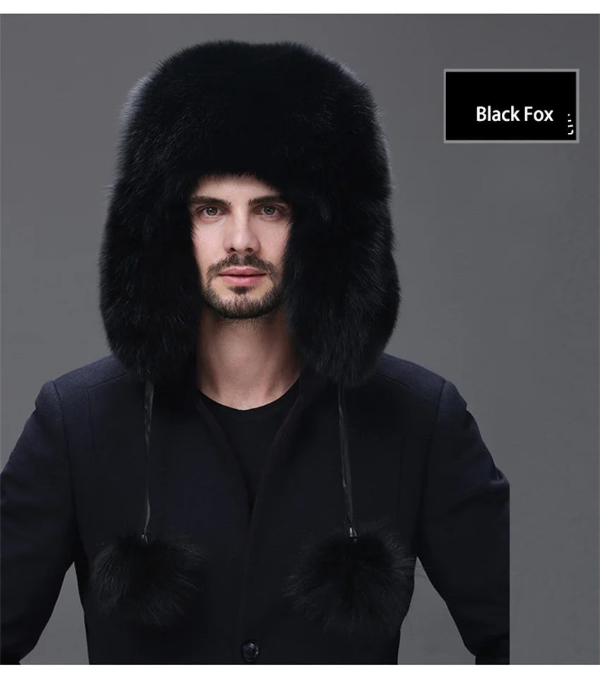 Men Real Fox Fur Beanies Hat Mongolian Hat Unique Process Fox Tail Design Luxury Winter Warm Hats For Fashion Men Bomber Hat