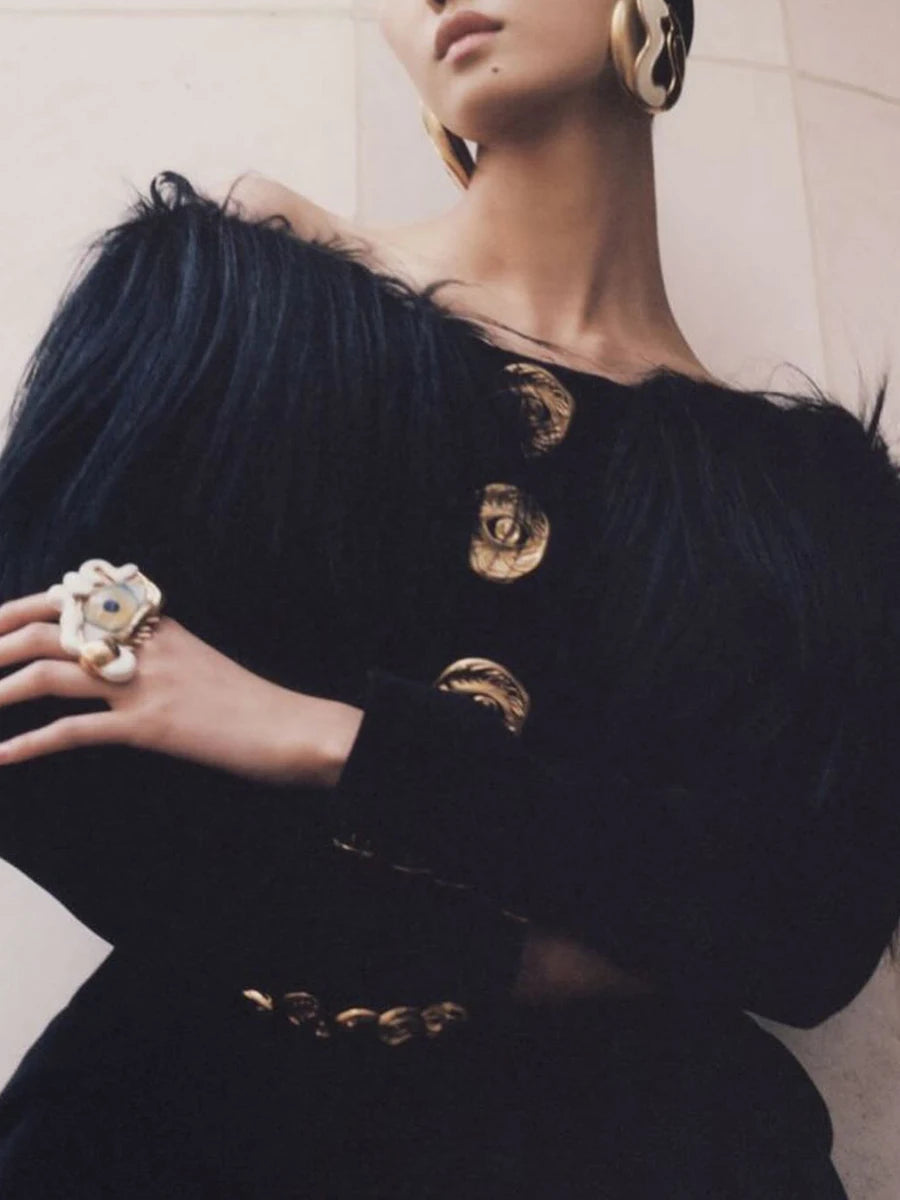 TWOTWINSTYLE Solid Slimming Spliced Metal Buttons Jackets for Women Slash Neck Long Sleeves Patchwork Fur Jacket Female Fashion - Kimlud