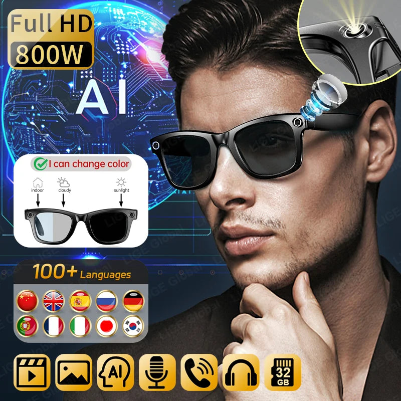 LIGE Smart Camera Glasses Video Recording AI Translation Object Recognition Bluetooth Call Music Sunglasses Photochromic Lenses