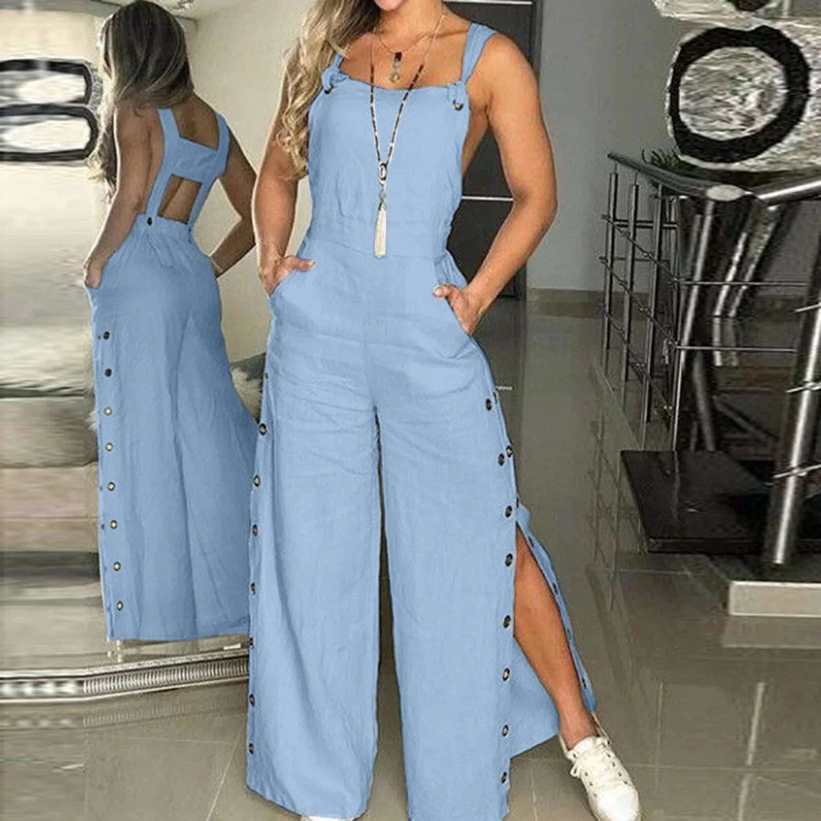 Women's Summer Sleeveless Cotton Linen Playsuits Strappy Side Button Opening Overalls Loose Long Wide Leg Pants Female Jumpsuits