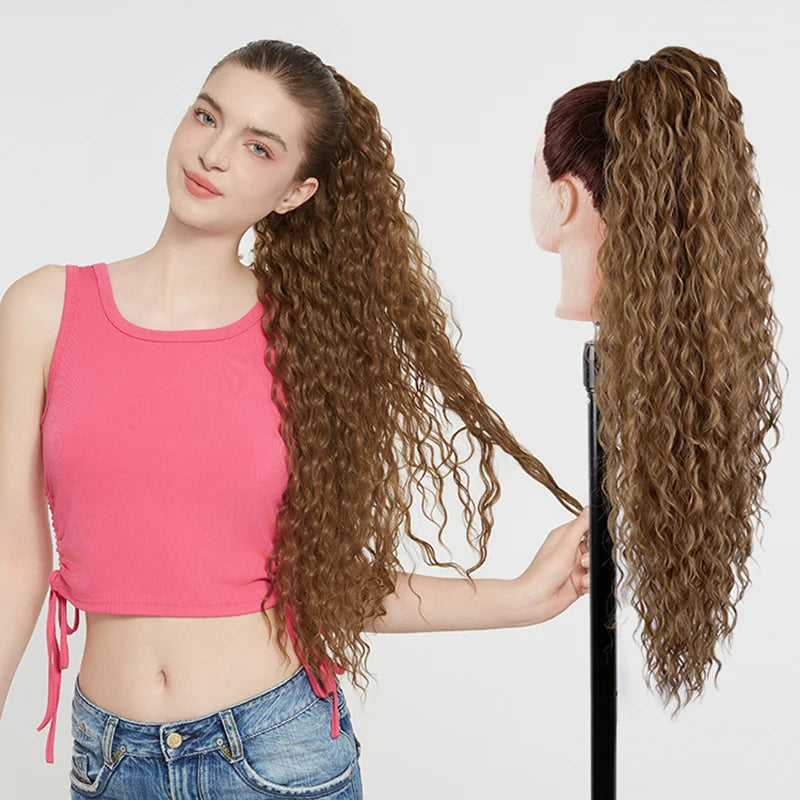 Julianna Synthetic Kanekalon Black Drawstring Water Wave Ponytail Extension Female Curly Wavy Clip In Ponytail Hair Extension