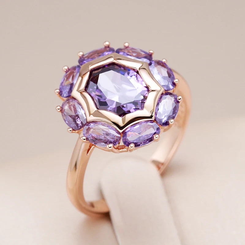 Kinel Unusual Sparkling Oval Purple Natural Zircon Rings for Women Luxury 585 Rose Gold Color Party Daily Fine Jewelry 2023 New
