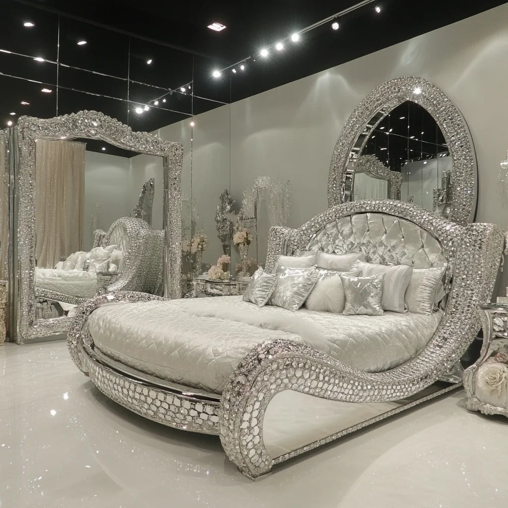 A Modern Luxury Diamond Crystal Bedroom Wooden Frame Bed Queen/King Size Designer Furniture for Home or Hotel for Villas Halls
