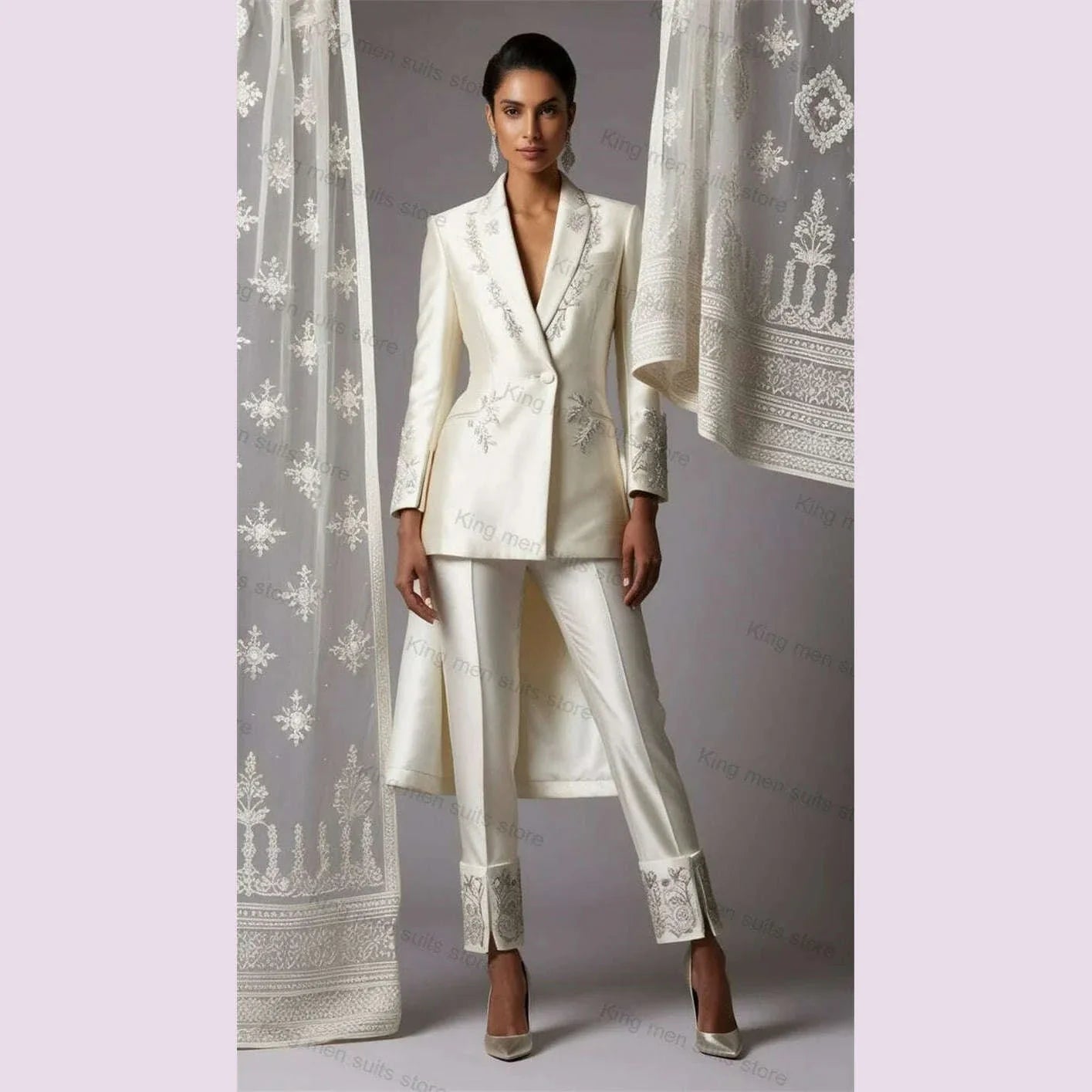 Beige Satin Women Office Suits Set Customized 2 Pieces Blazer+Pants Designer Beaded Appliqued Formal Business Prom Dress Jacket