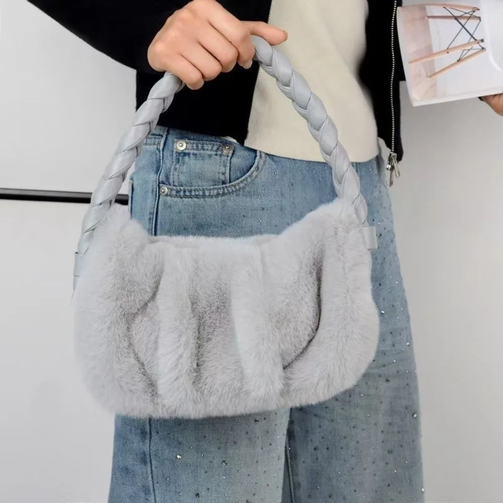 Elegant Furry Shoulder Bag Fluffy Soft Plush Handbag Solid Color Zipper Tote Bag